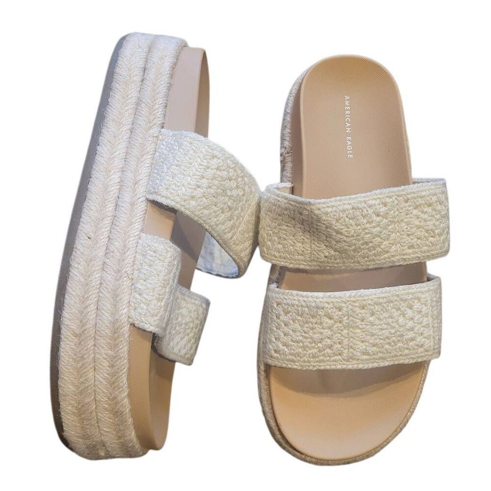 American Eagle Sandals Women's 8 Cream Platform Crochet Espadrille Slide Boho